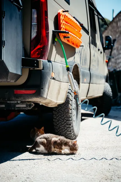 Ein Offroad-Campervan mit montierten Bergebrettern und Außendusche, davor trinken Katzen im Schatten.