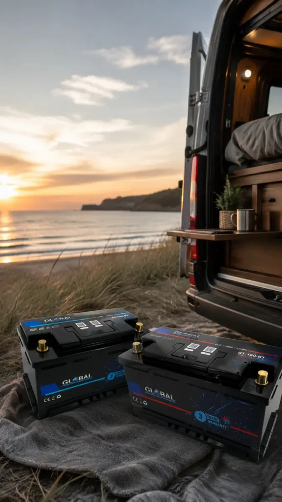 Zwei GLOBAL Versorgerbatterien am Strand neben einem geöffneten Campervan bei Sonnenuntergang.