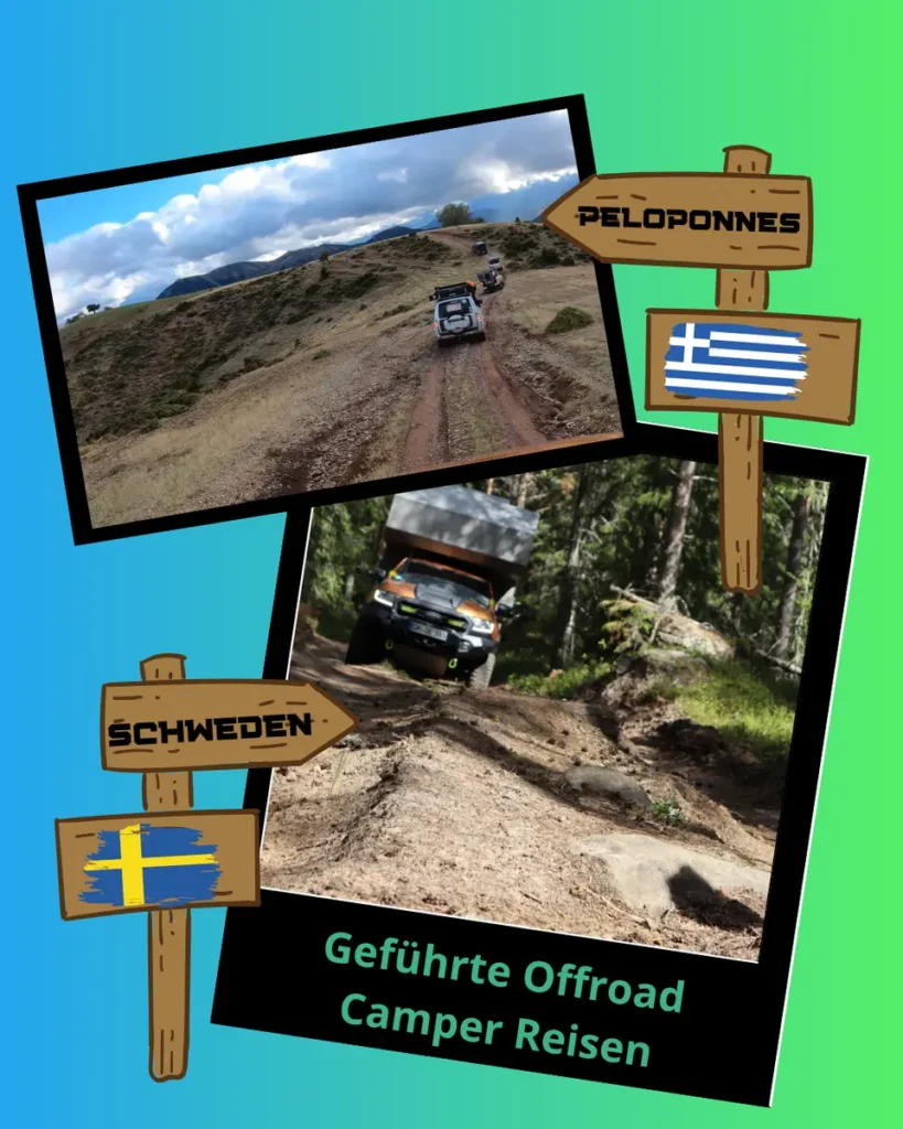 Bilder von 4x4 Offroad-Camperfahrzeugen auf geführten Reisen in Griechenland und Schweden.