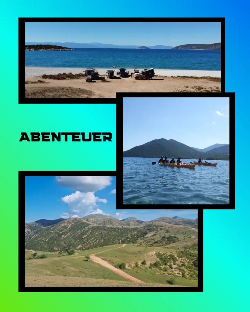 Overlanding Fahrzeuge am Meer, Kajakfahrer und eine Schotterpiste in bergiger Landschaft.