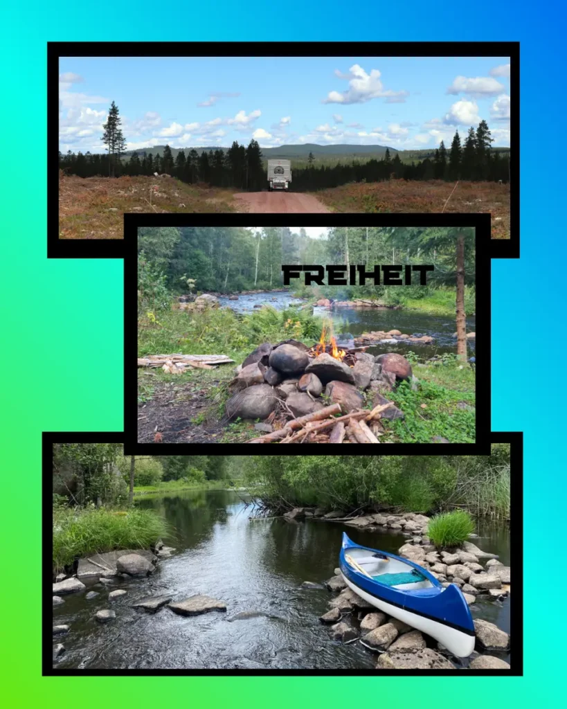 Ein Expeditionsmobil auf einem Schotterweg, ein Lagerfeuer am Fluss und ein Kanu am Ufer.