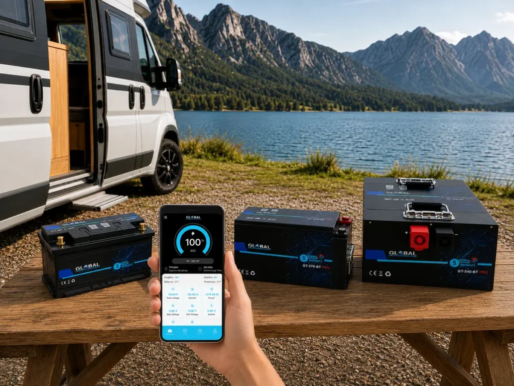 Modernes Campervan-Setup mit Lithium-Batterien und App-Überwachung am See in den Bergen.